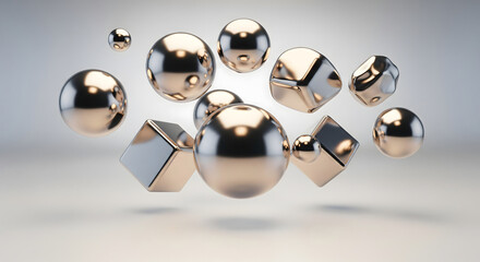 Abstract 3D Rendering of Floating Shiny Chrome Spheres and Cubes