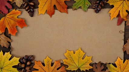 Autumn background with colorful fall leaves and acorns on vintage paper