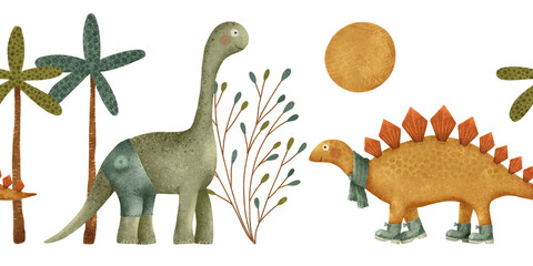 Whimsical Dinosaurs Set Against a Vibrant Prehistoric Landscape Filled with Life horizontal seamless border