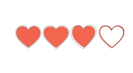 Vibrant row of red heart icons, featuring three fully colored and one outlined heart, symbolizing love, health, or a visual progress bar, ideal for engaging user interface and graphic design