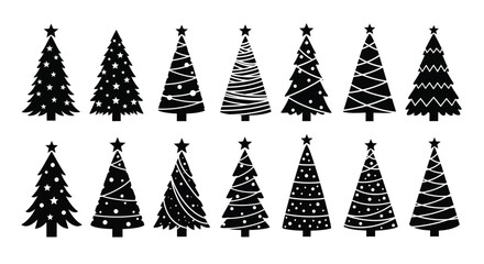 Collection of various decorative Christmas trees on a white background, ideal for holiday design