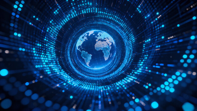 A futuristic technological backdrop of cosmic and terrestrial blue