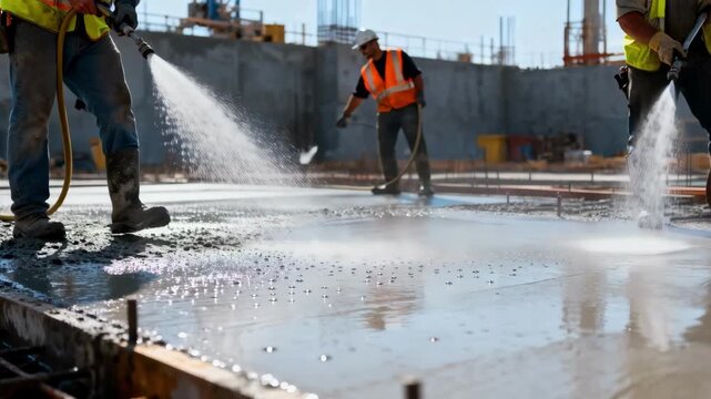 Medium shot of workers spraying water on freshly poured concrete for wet curing highlighting moisture retention to enhance strength and durability.