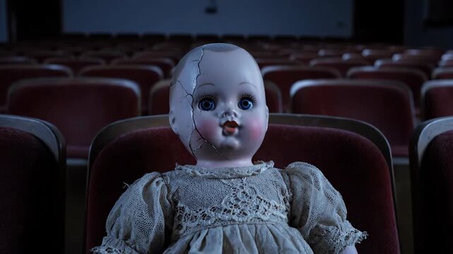 Creepy doll in abandoned theater with rows of empty seats