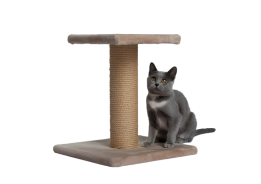 A beautiful grey domestic cat sitting next to a beige sisal scratching post on an isolated white background.