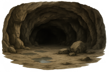 Exploring the deep unknown, entering a dark cave with rugged rock walls and muddy ground, inviting adventure