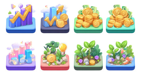 Fototapeta premium Colorful Illustrations of Growth and Finance Concepts with Coins and Nature Elements