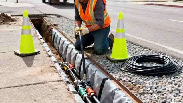 Technicians securing underground power cables in city streets using specialized tools and safety cones to ensure secure connections.