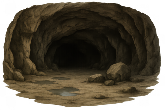 Exploring the deep unknown, entering a dark cave with rugged rock walls and muddy ground, inviting adventure