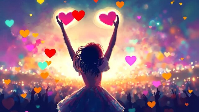 Woman at concert, raising hands, hearts aloft