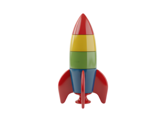 A vibrant, multi-colored toy rocket featuring red, yellow, green, and blue sections, standing vertically on a clean white background.