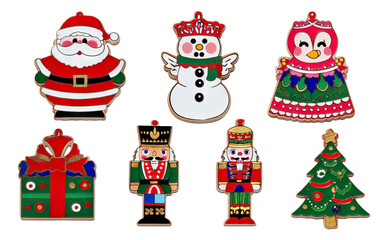 Naklejka premium Colorful Christmas Decorations Illustrating Santa, Snowman, Nutcracker, and Tree