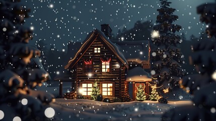 Fototapeta premium Christmas_house_with_snow_falling_at_night