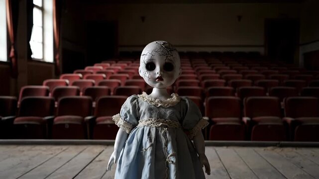 Creepy doll in abandoned theater with rows of empty seats