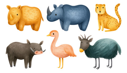 Fototapeta premium Colorful and Cute Cartoon Animals Including Rhino, Leopard, and Flamingo