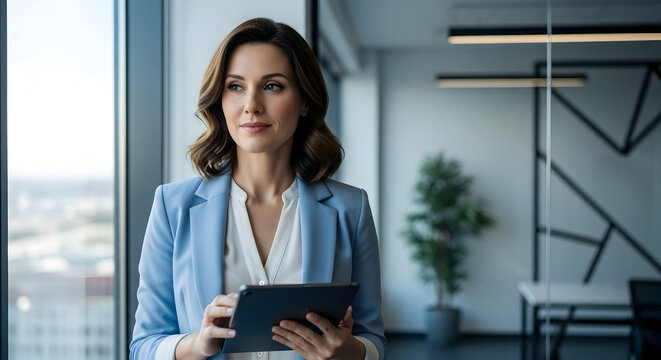 Confident businesswoman standing near a window in her modern office holding a tablet, looking pensive about a new opportunity in the market today.