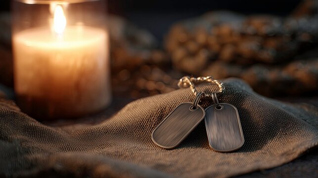 Military Dog Tags with Candle for Veteran Memorials, Grief, and Service Tribute Concepts