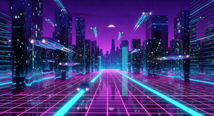 Vibrant Retro Cyberpunk Cityscape at Night with Flying Vehicles and Neon Grid Roads