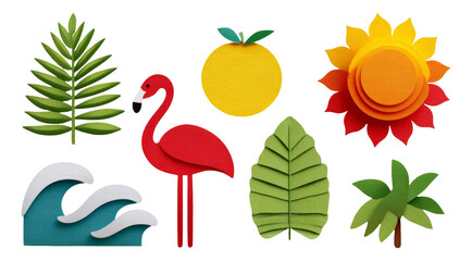 Obraz premium Colorful Tropical Elements with Flamingo, Waves, Leaves, and Sun in Flat Design