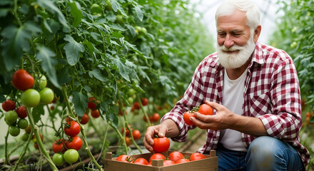 An elderly man with a white beard is seen carefully picking ripe red tomatoes from his greenhouse, enjoying the fruits of his labor in the sunshine.