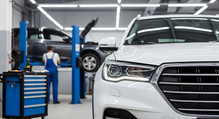 Elevate your brand with a captivating image of a modern car service center, showcasing expert automotive care and precision maintenance procedures today.