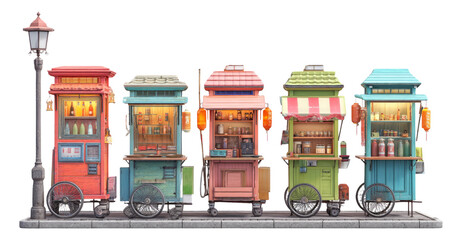 Colorful food carts in urban setting with vibrant designs and unique themes
