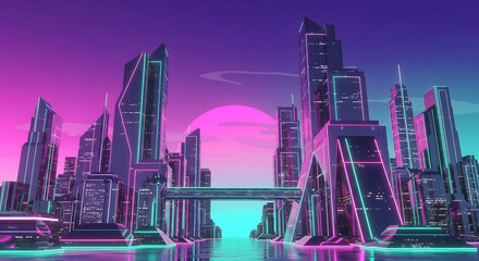Neon Cyberpunk City Skyline at Sunset with Futuristic Skyscrapers and a Bridge over Water