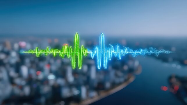 Audio waveform visualization over urban landscape digital art city environment aerial view conceptual sound representation for modern technology