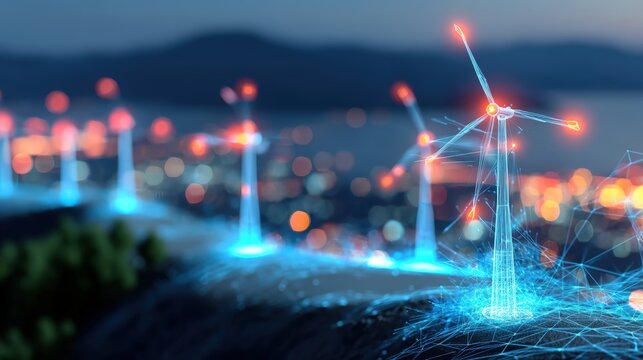 Harnessing wind power innovative wind turbine technology coastal region digital art futuristic environment aerial view renewable energy concept