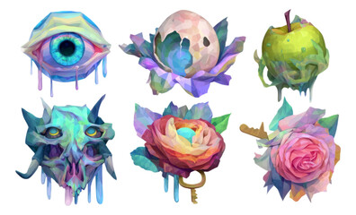 Colorful Surreal Illustrations of Eye, Egg, Apple, Skull, Flower, and Key Designs