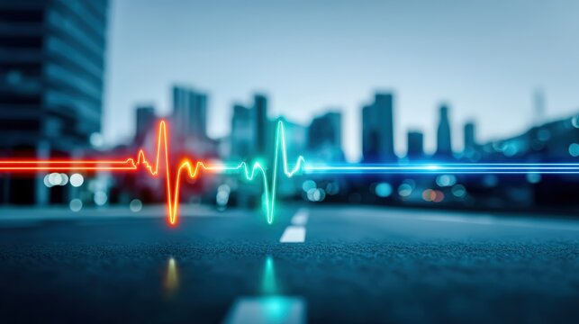 Heartbeat visualization of urban life city skyline digital art evening atmosphere perspective on health and wellness trends - Powered by Adobe