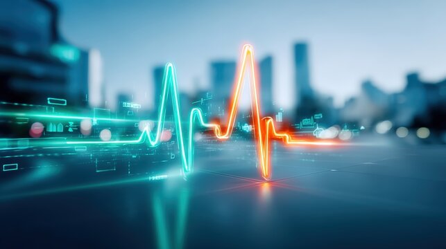 Dynamic heartbeat pulse visualization in urban setting technology infographic modern cityscape high-tech perspective digital innovation