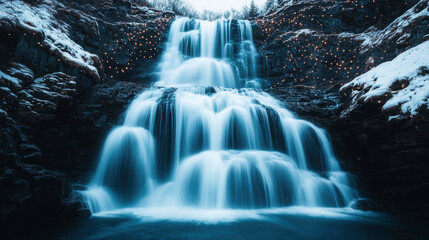Obraz premium Christmas waterfall scene with snow covered rocks and glowing lights creates magical winter landscape with peaceful flowing water