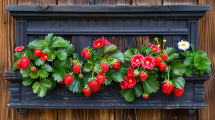 Naklejka premium Bright red strawberries and colorful flowers on a rustic black wooden shelf in a garden