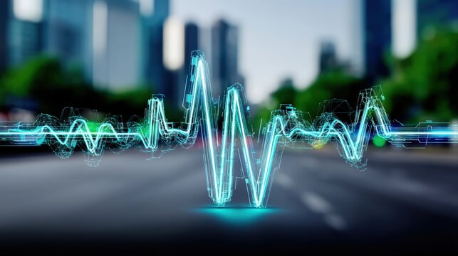 Dynamic soundwaves illustrating urban life city center digital art modern environment eye-level viewpoint futuristic concept