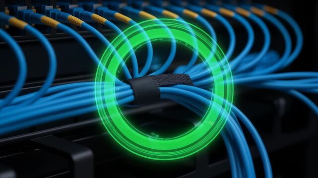 Fiber optic technology network cable bundle organized by technician hand arranging patch panel and blue patch cords with status indicator ring