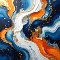 Abstract swirl of colors blue, orange, white, and gold, with texture