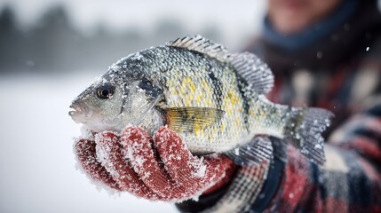 Fisherman Holds Freshly Caught Fish With Gloves Against the Backdrop of a Frozen Lake Highlighting Patience and Achievement in Fishing