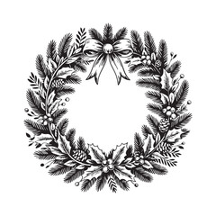 Elegant Vintage Wreath with Ribbon Outline Line Art Design
