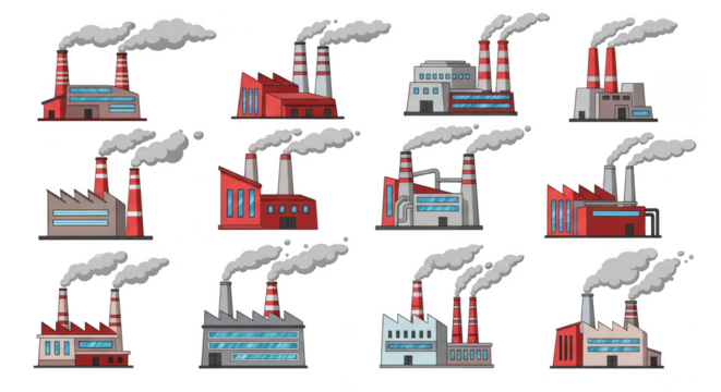Industrial panorama factory emissions in rows