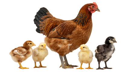 A mother hen standing proudly with her four adorable chicks against a black background