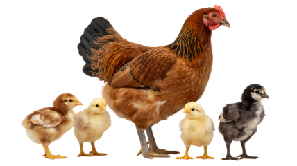 A mother hen standing proudly with her four adorable chicks against a black background