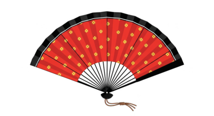 Red fan adorned with golden blossoms unfolds against black