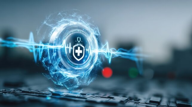 Health technology innovations transforming patient care digital space infographic futuristic environment close-up view medical concept