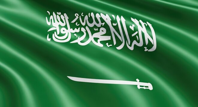 Waving flag of saudi arabia with a green background and white text
