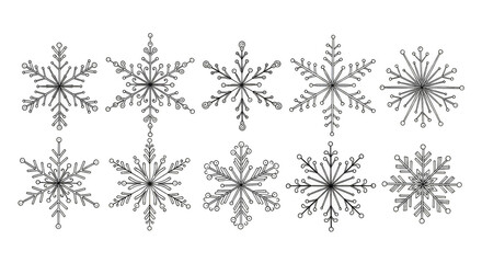Ten shimmering crystalline snowflakes on black