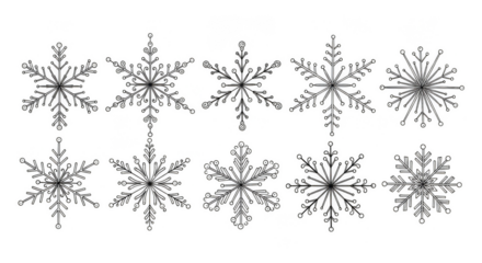 Ten shimmering crystalline snowflakes on black