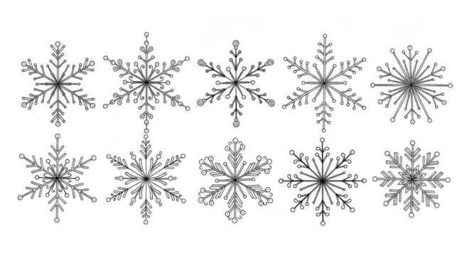 Ten shimmering crystalline snowflakes on black