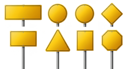 Varied yellow sign shapes on posts