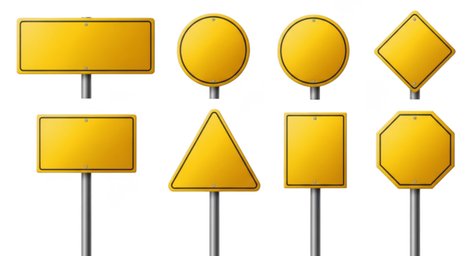 Varied yellow sign shapes on posts